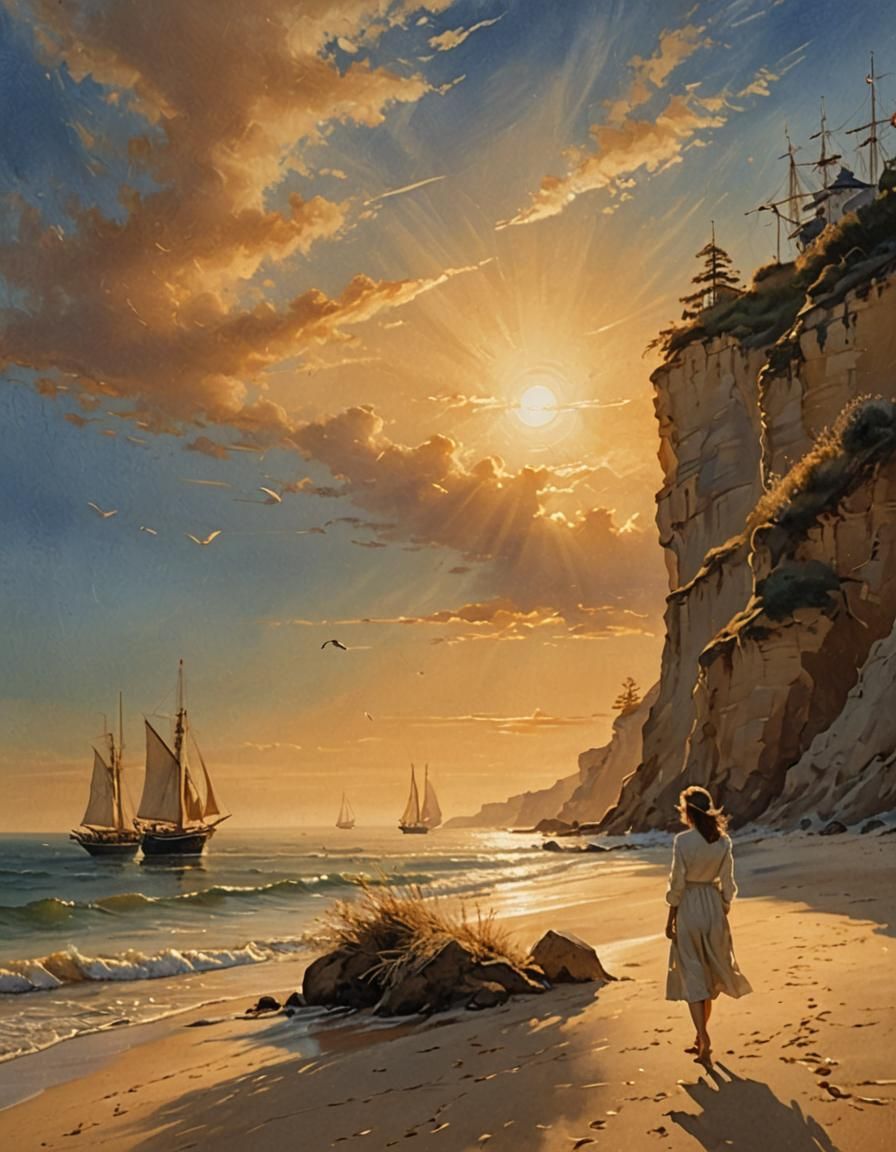 Woman Watching Ships Sail on Golden Beach