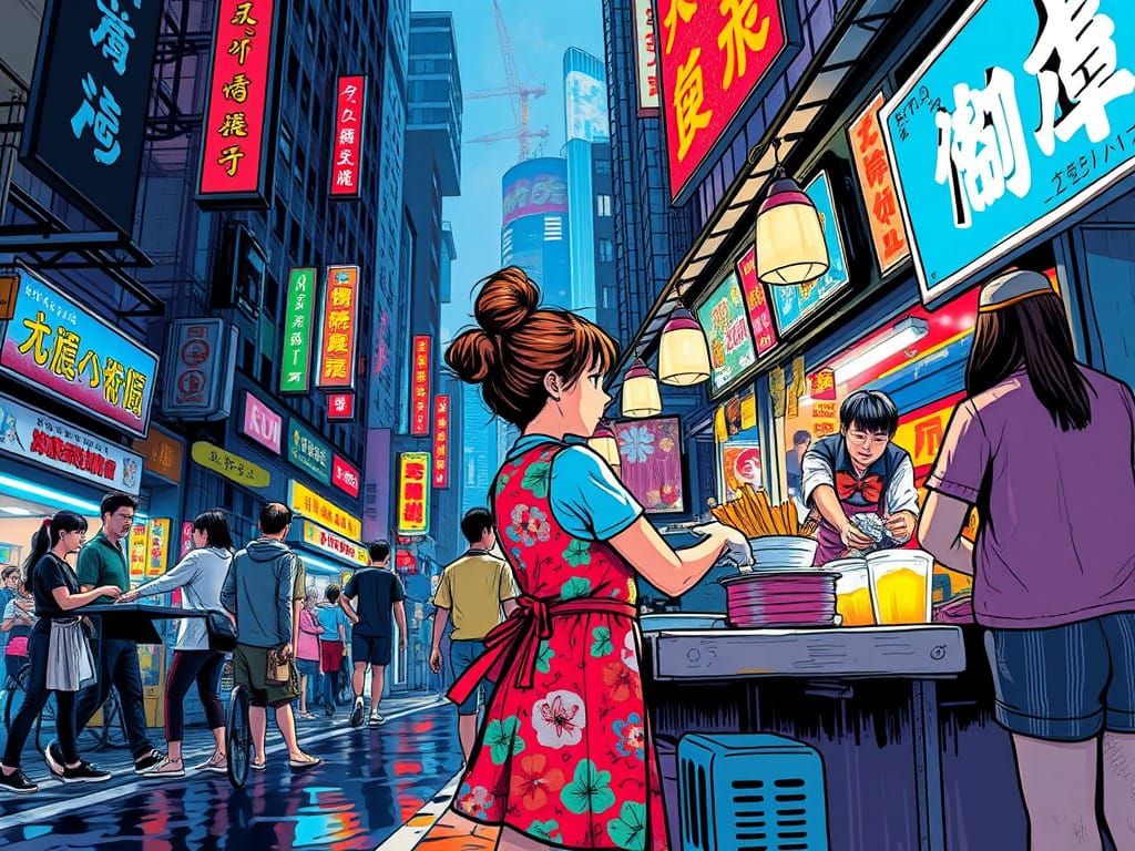 Manga-Inspired Street Food Vendor in Neon-Lit Hong Kong