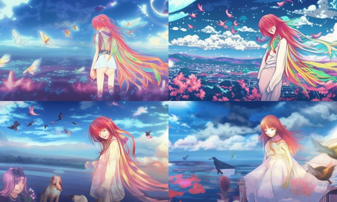 Anime Girl and Dog in Summer, Detailed Matte Painting