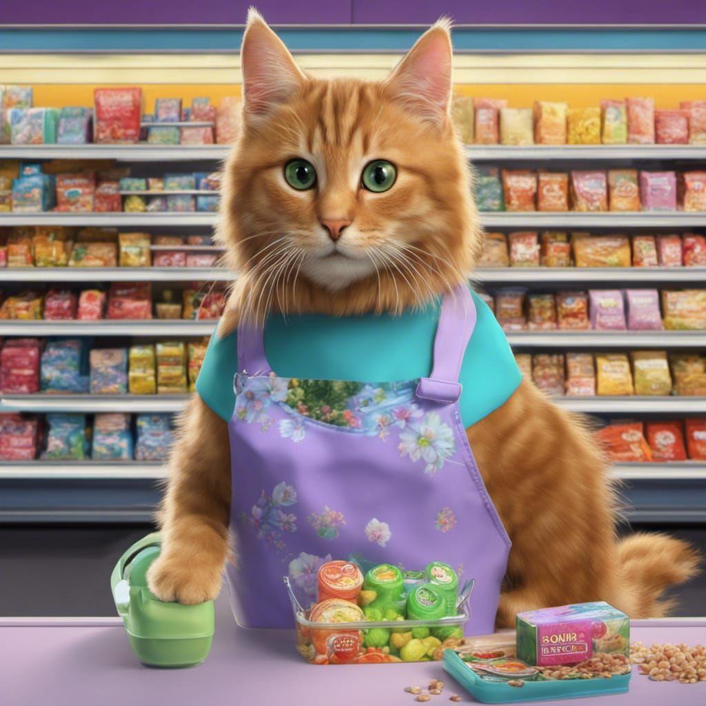 Cat working in a supermarket