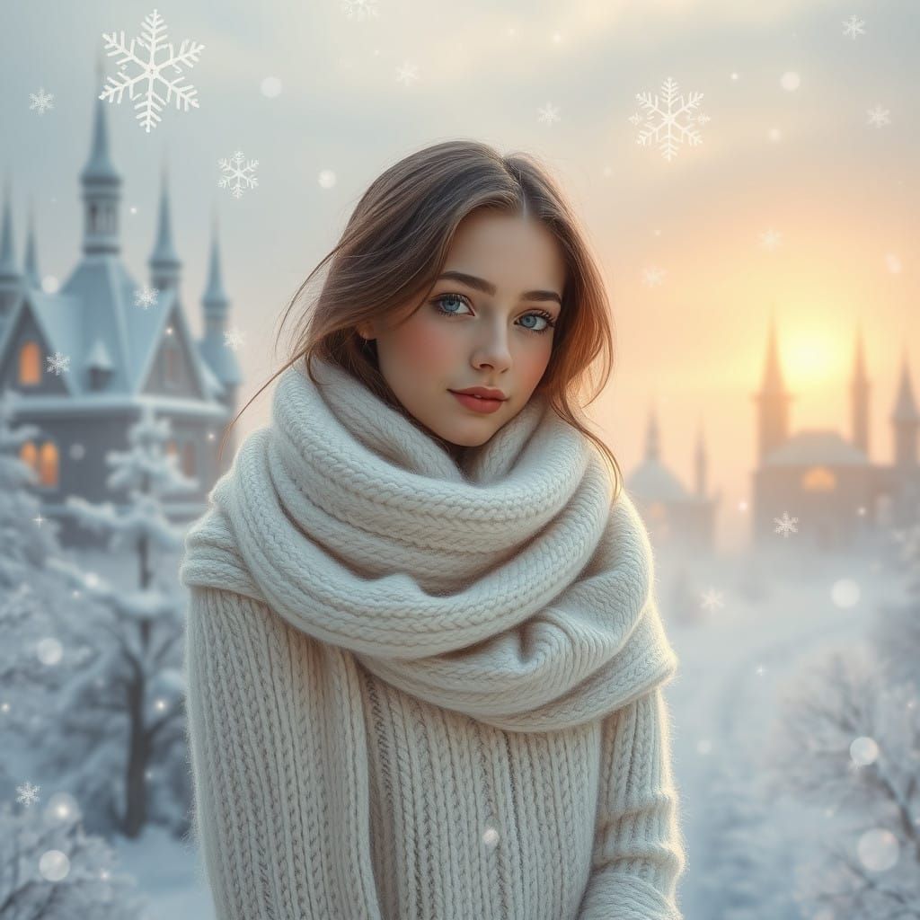 Dreamy Winter Scene with Serene Young Woman in Snowy Wonderl...