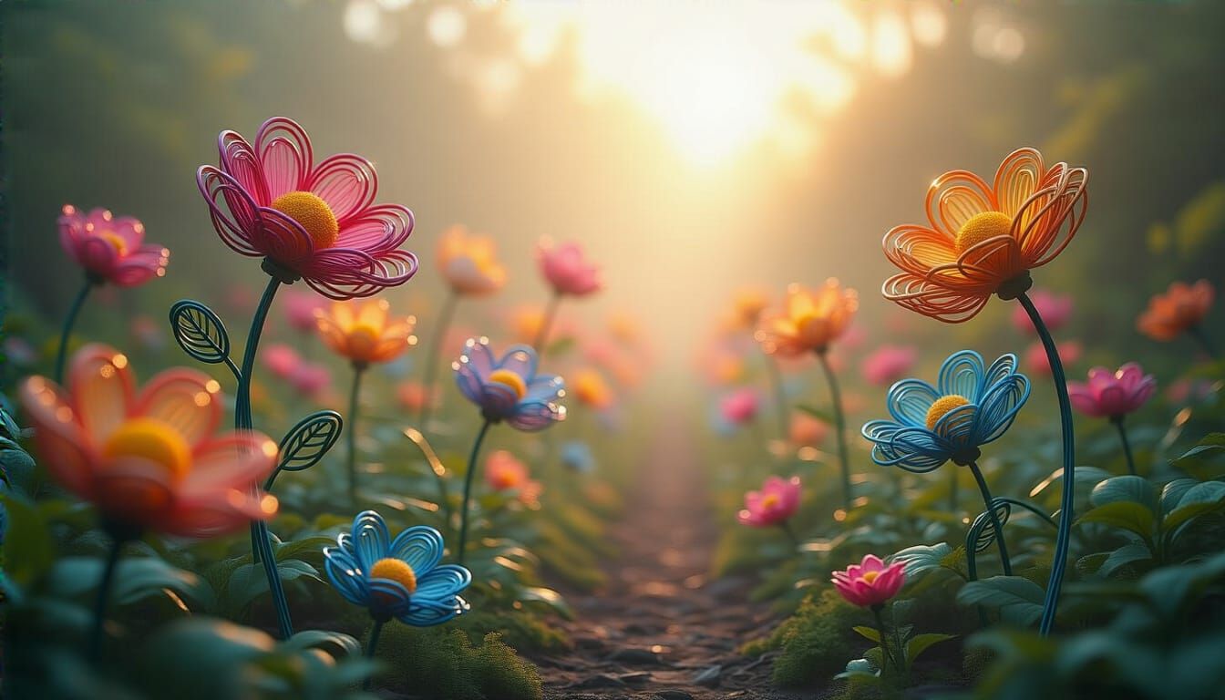 Blooming Wire Flowers in a Surreal Garden