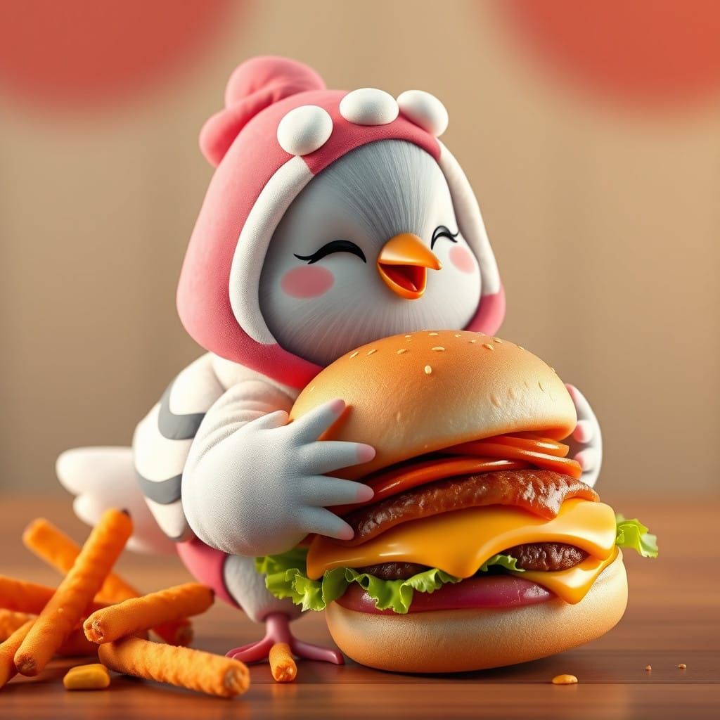 Pigeon in Anime-Inspired Mochi Onesie Devours Juicy Burger