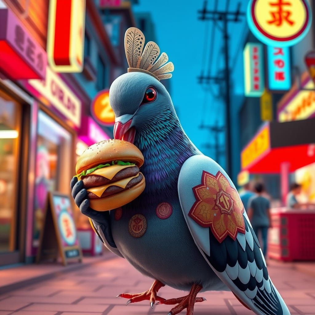 Pigeon in Futuristic Mochi Costume Savoring a Juicy Burger