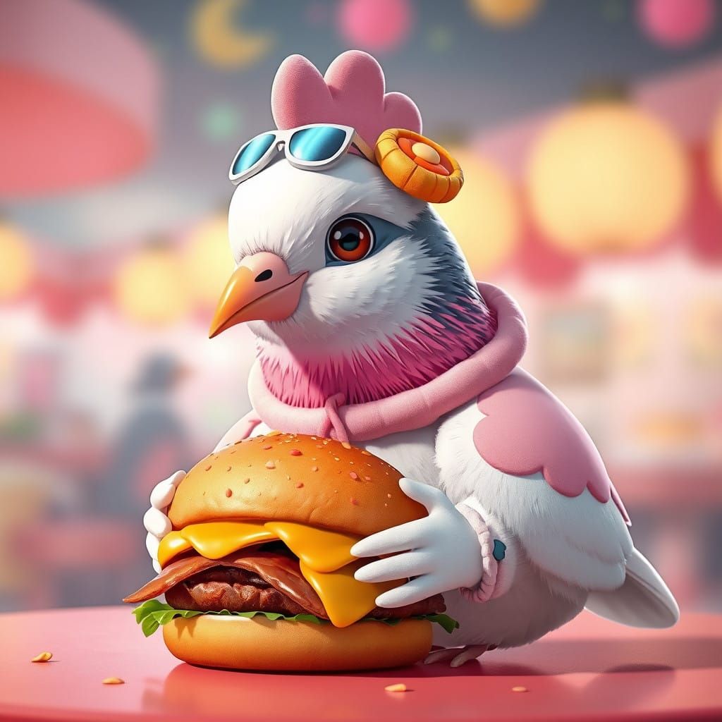 Mochi-Costumed Pigeon Devours Juicy Burger in Dreamy, Anime-...