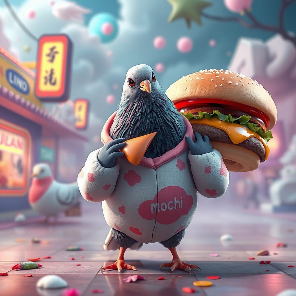 Anime Pigeon Dressed as Mochi Devours a Gigantic Burger in a...