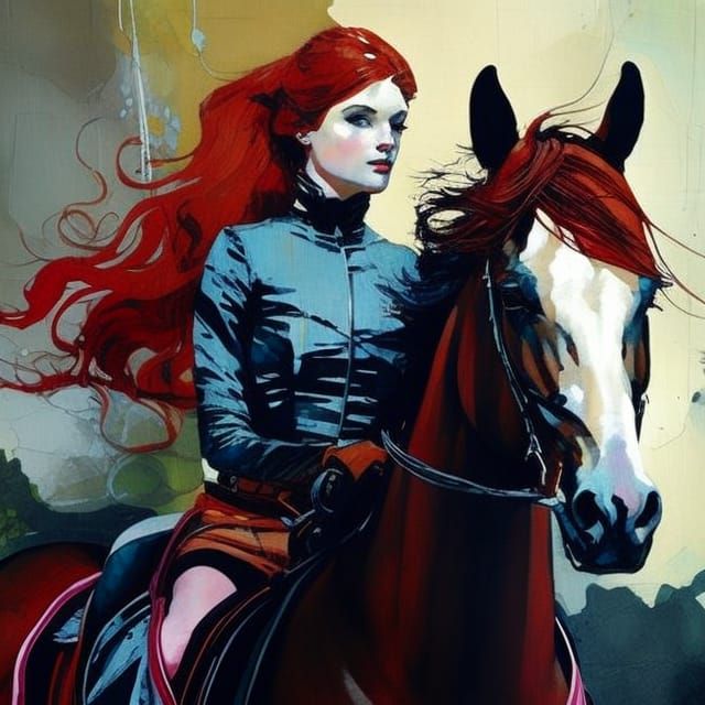 Redhead Woman on Horseback in Sinister Style