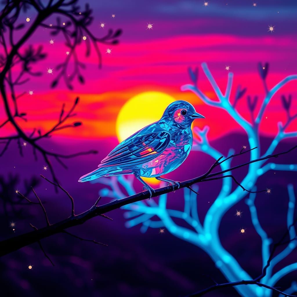 Crystal Bird Sunset in Synthwave Retro Style