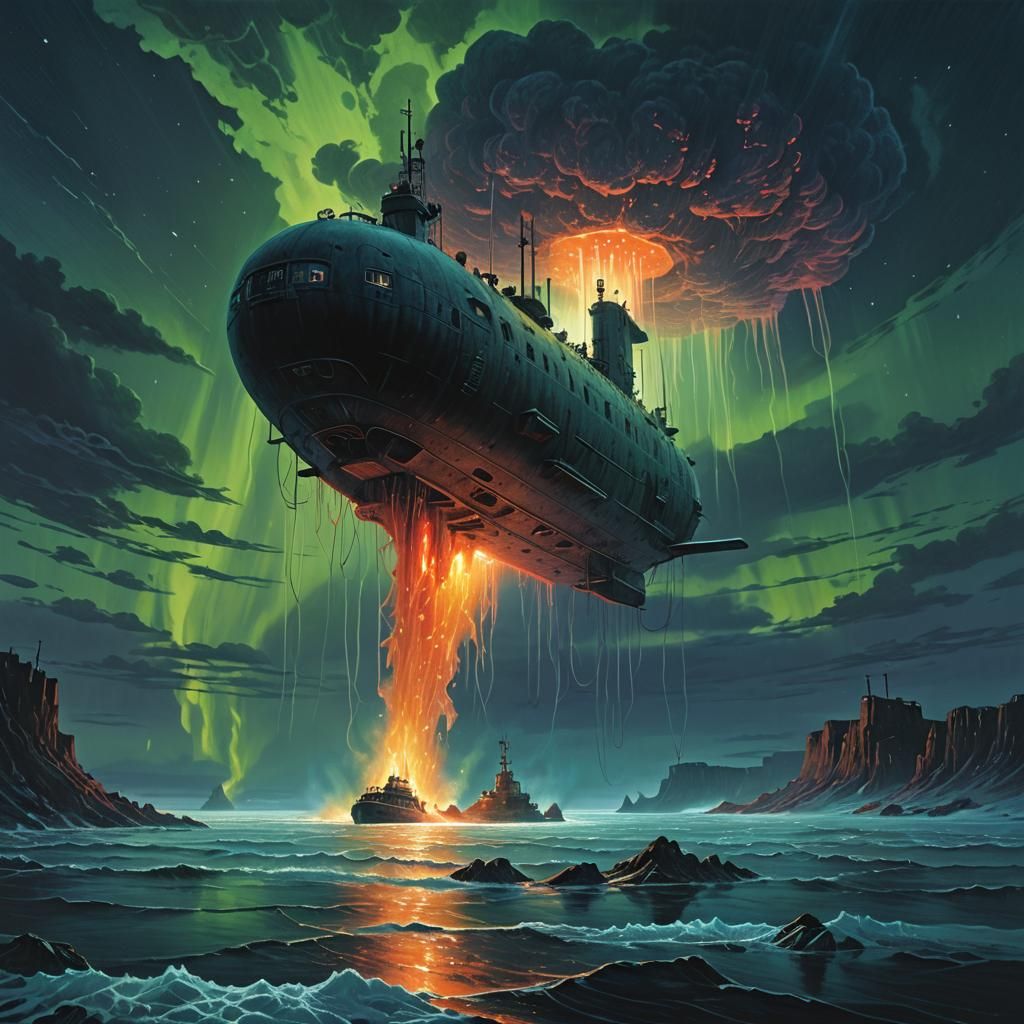 Submarine Emerges from Icy Depths Under Aurora Sky