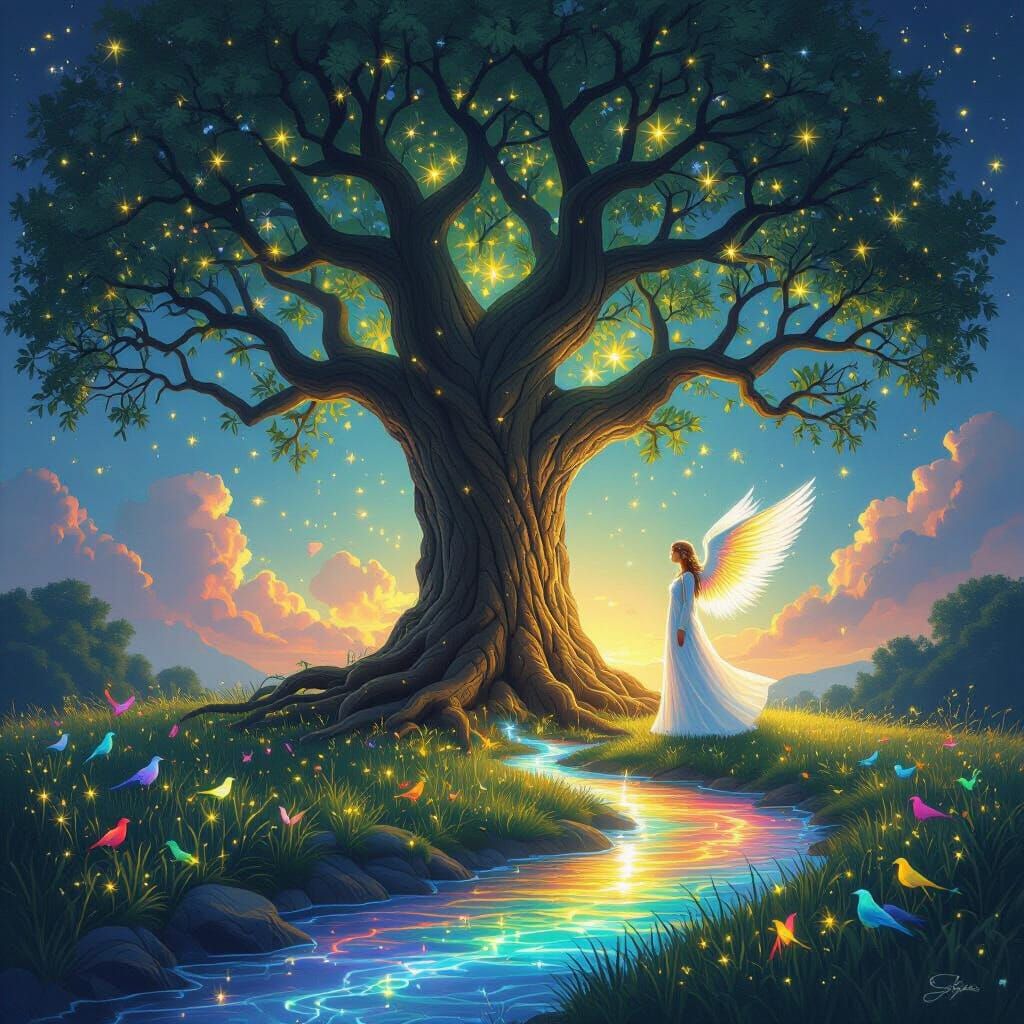 Majestic Tree of Life with Rainbow Angel Guardian