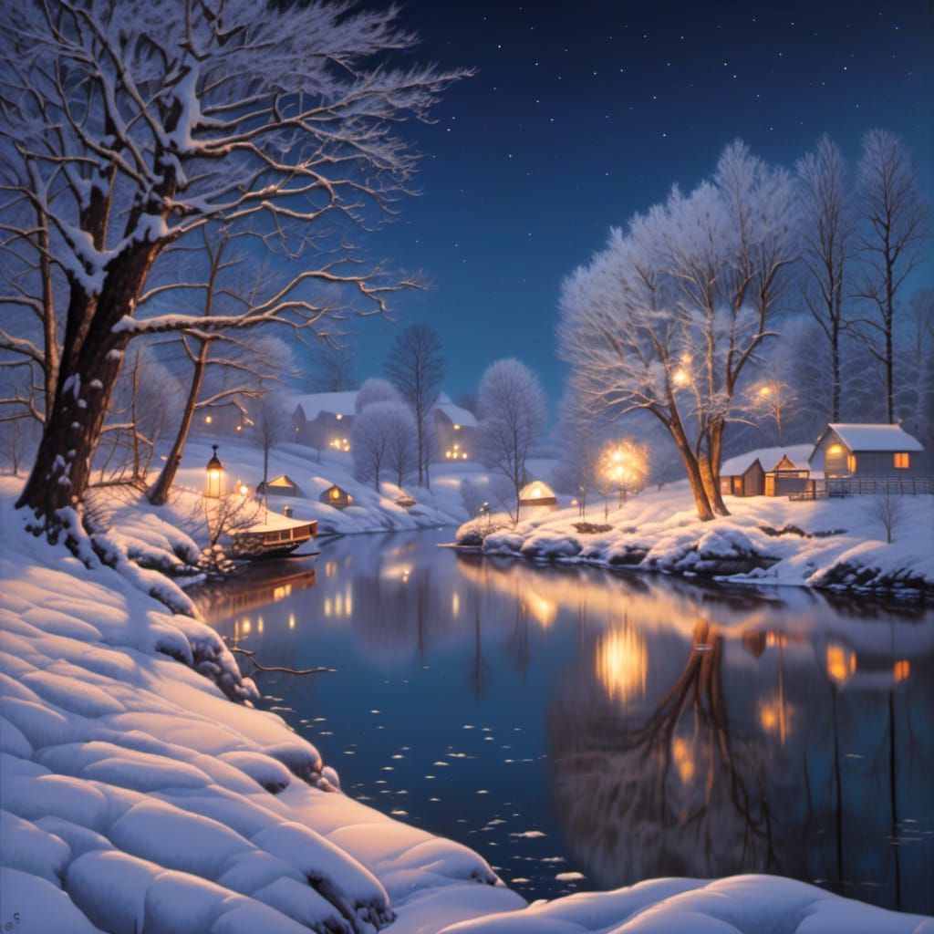 Moonlit Winter Riverscape Reflection
