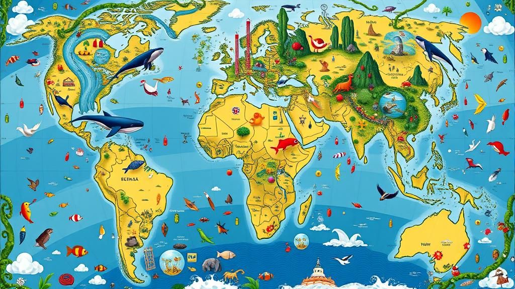 Vibrant World Map with Diverse Ecosystems in Superflat Style