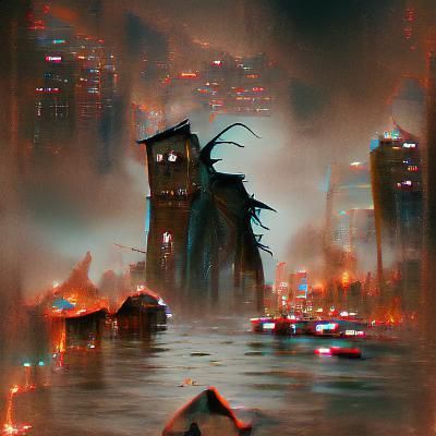 Sinister Ruined Cityscape in Dark Fantasy Style