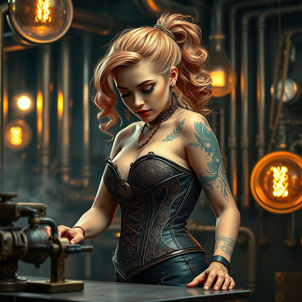 Elegant Steampunk Inventress in Victorian Workshop