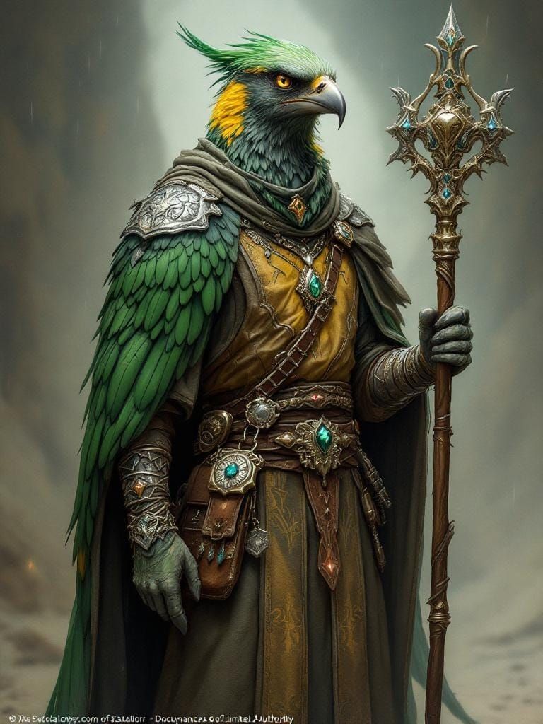 Aarakocra Tempest Cleric with Ornate Staff and Mithral Armor