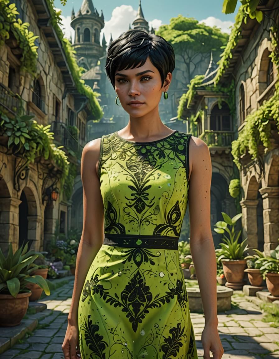woman with black pixie cut hair in a lime green summer dress