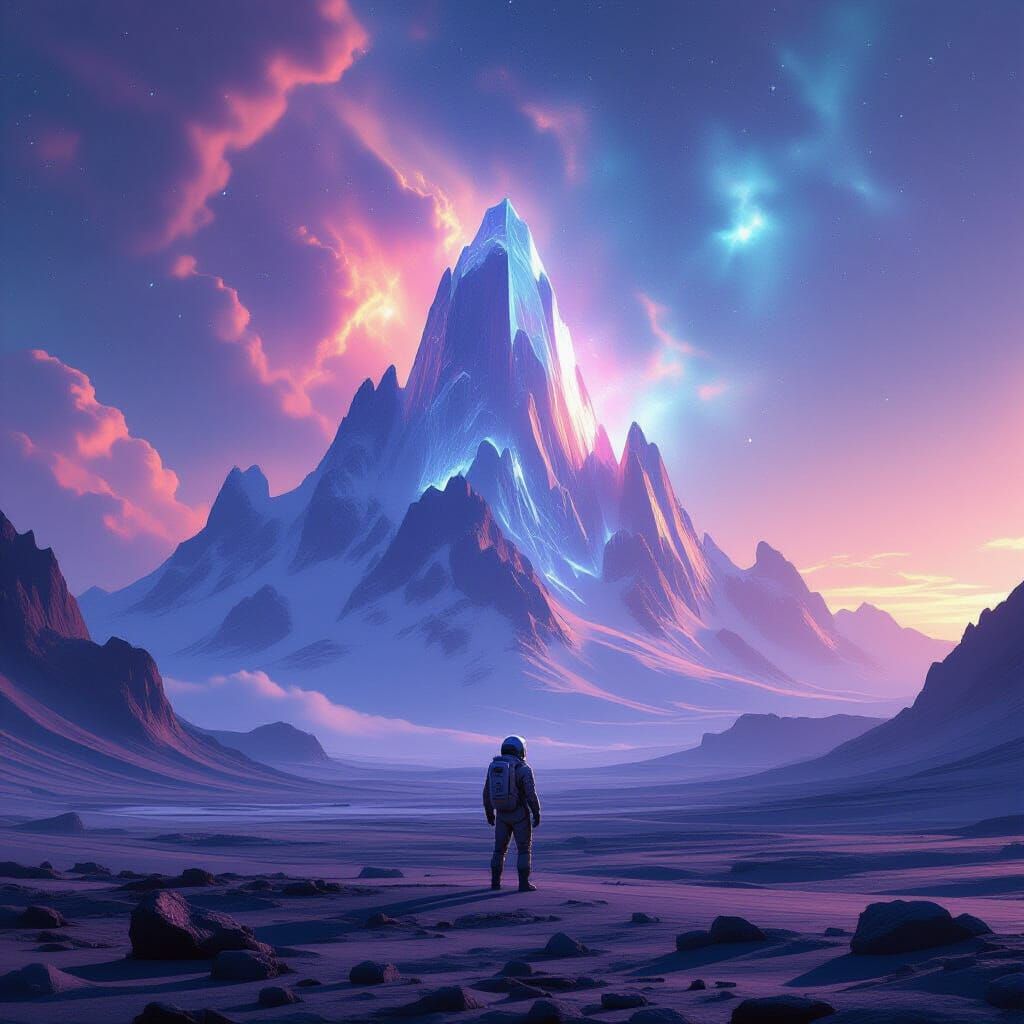 Astronaut Gazes at Crystalline Alien Mountains