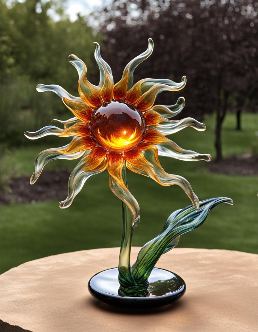 Blown Glass Sunflower Sculpture with Fire