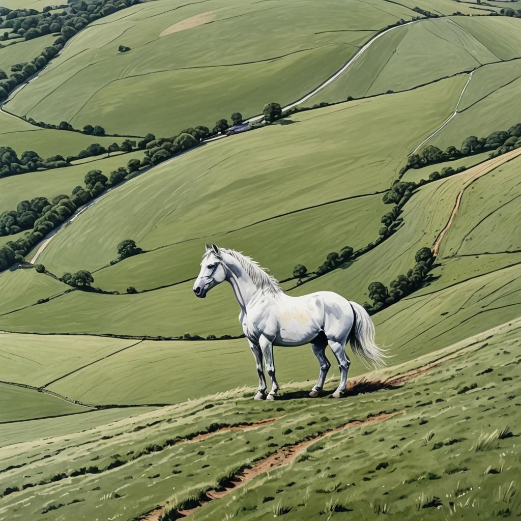 Epic Gouache Painting of White Horse, Wiltshire