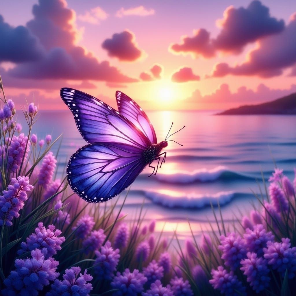 Lilac Butterfly Flight Over Sunset Ocean