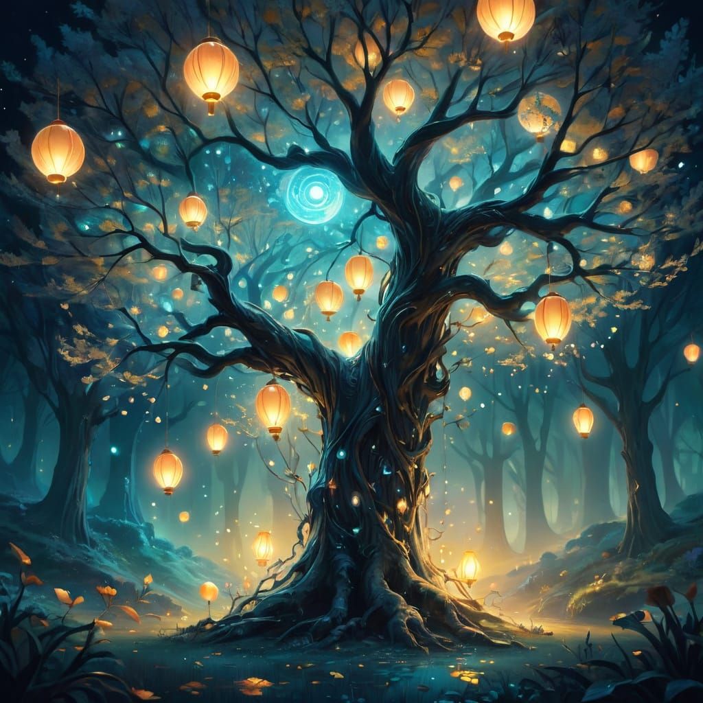 Surrealist Tree of Glowing Memories in Dreamlike Atmosphere