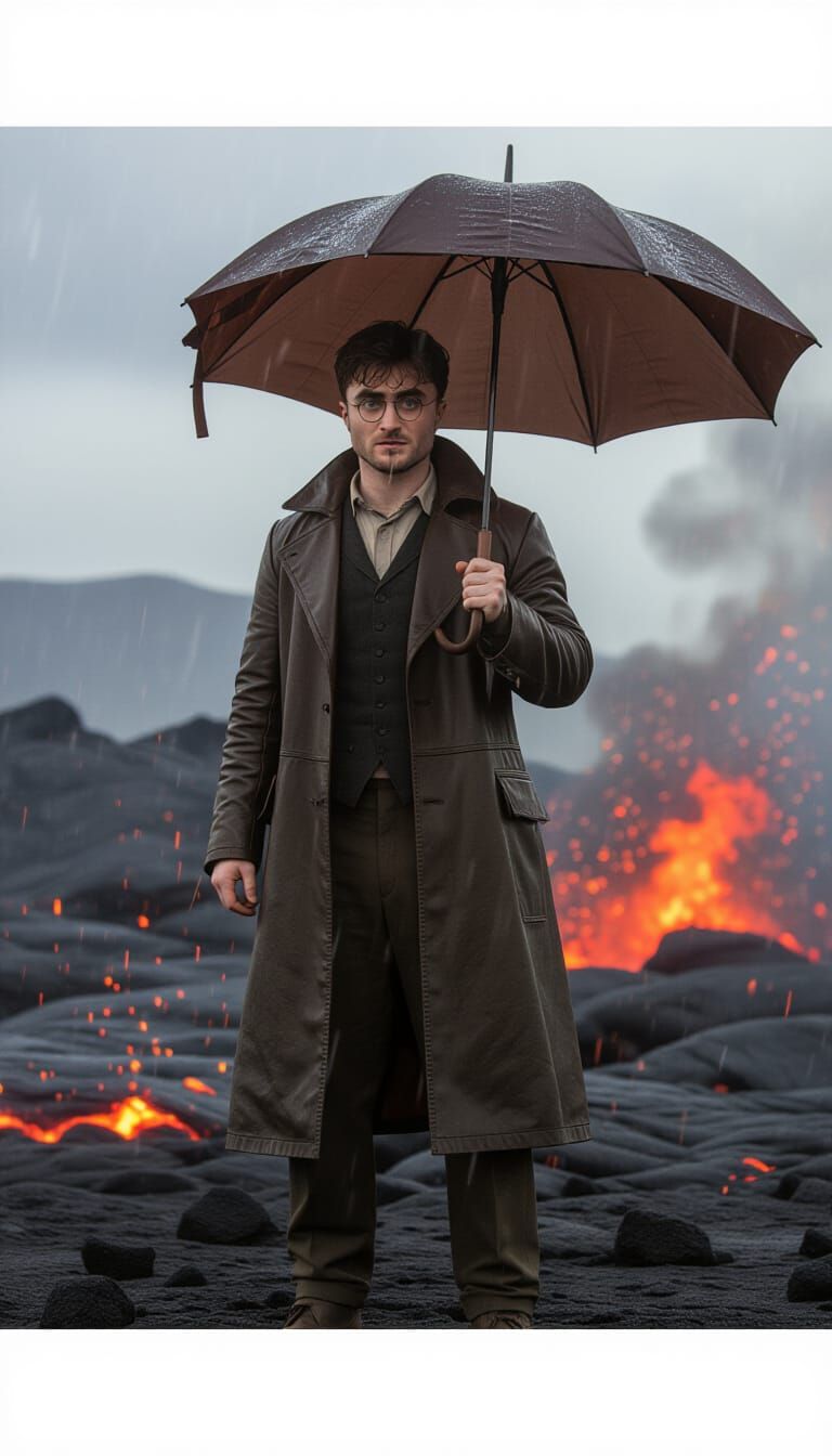 Man with Umbrella in Lava Storm, Cinematic Film Still