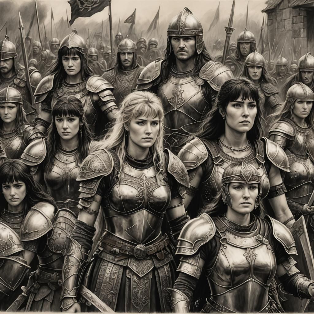 Hyperdetailed Charcoal Drawing of Amazon Knight Warband