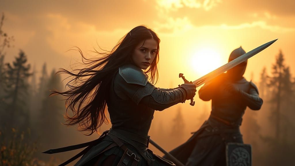 Medieval Warrior Maiden in Battle