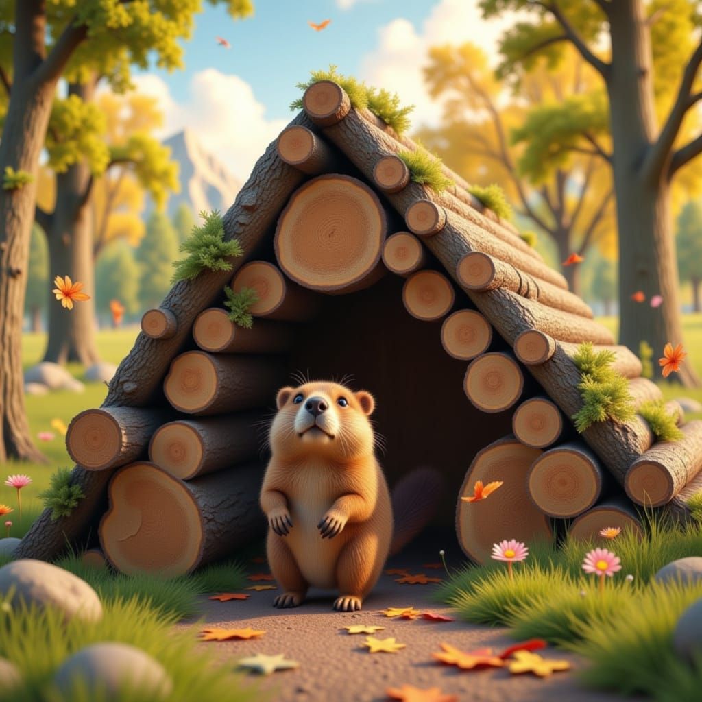 Playful Beaver Builds Log Cabin in Animated Style