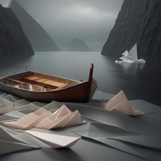 Modern Origami Boat on Stormy Sea