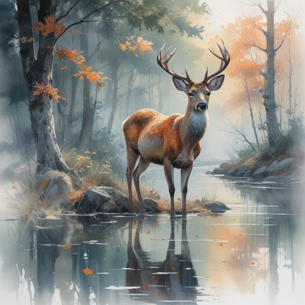 Autumn Forest River in Neo-Impressionist Style