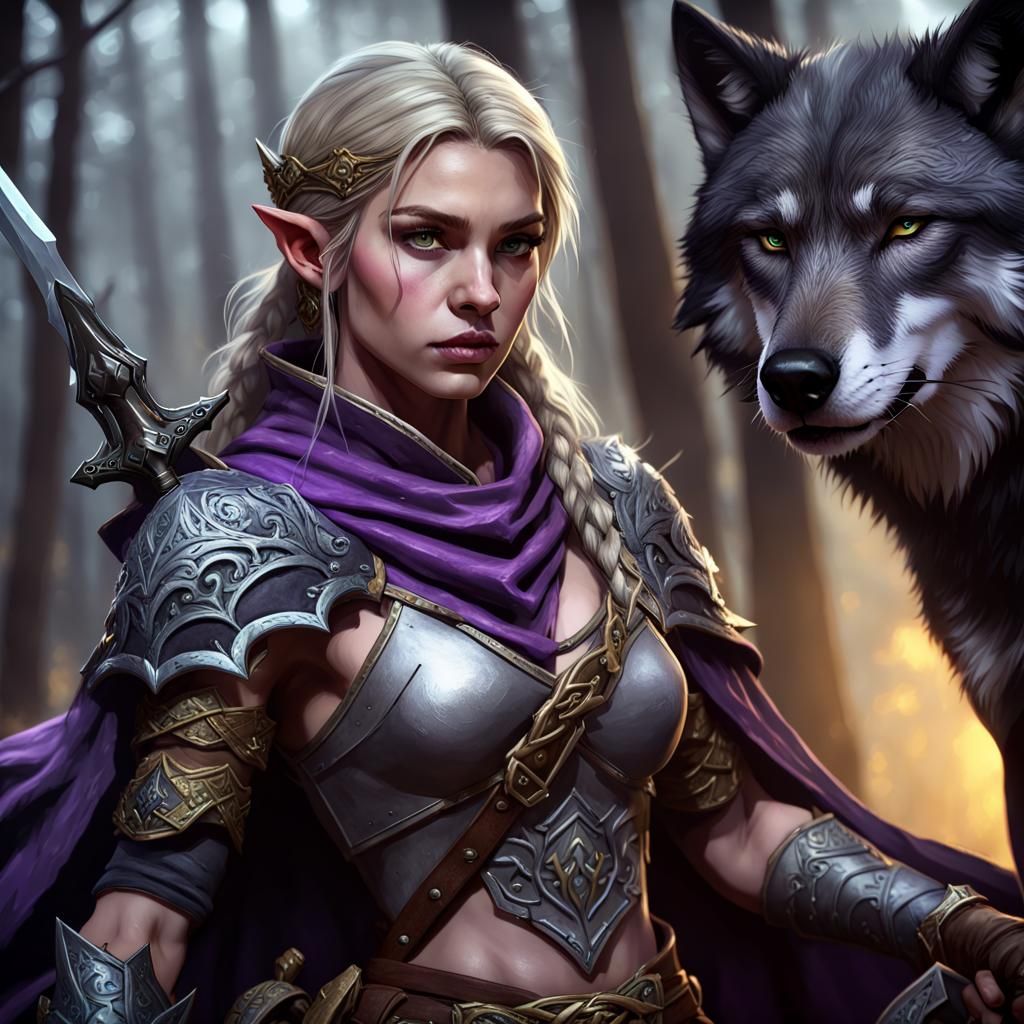 Half-Elf Ranger with Wolf: Dark Fantasy Art