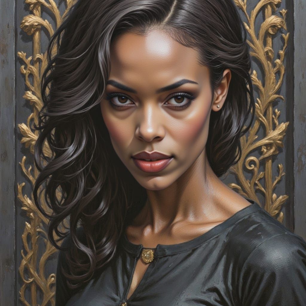 <lora:Selene Virelle:1.0> stunning close-up portrait of a confident black woman with a unique face, surrounded by intric...