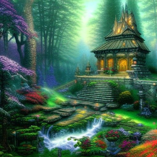 Ethereal Forest Temple in a Thomas Kinkade Style