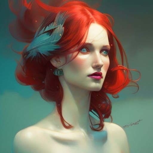 Opalescent Robin Woman Portrait in Art Nouveau Style