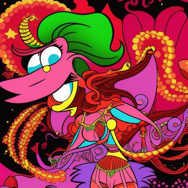 Psychedelic Woman and Flying Chicken in Cartoon Style