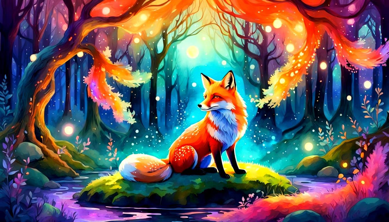 Fox Spirit Lounging in Psychedelic Dream Forest