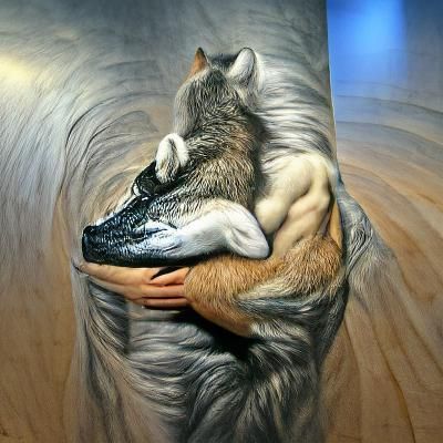 Hyperrealistic Image of Two Wolves Hugging