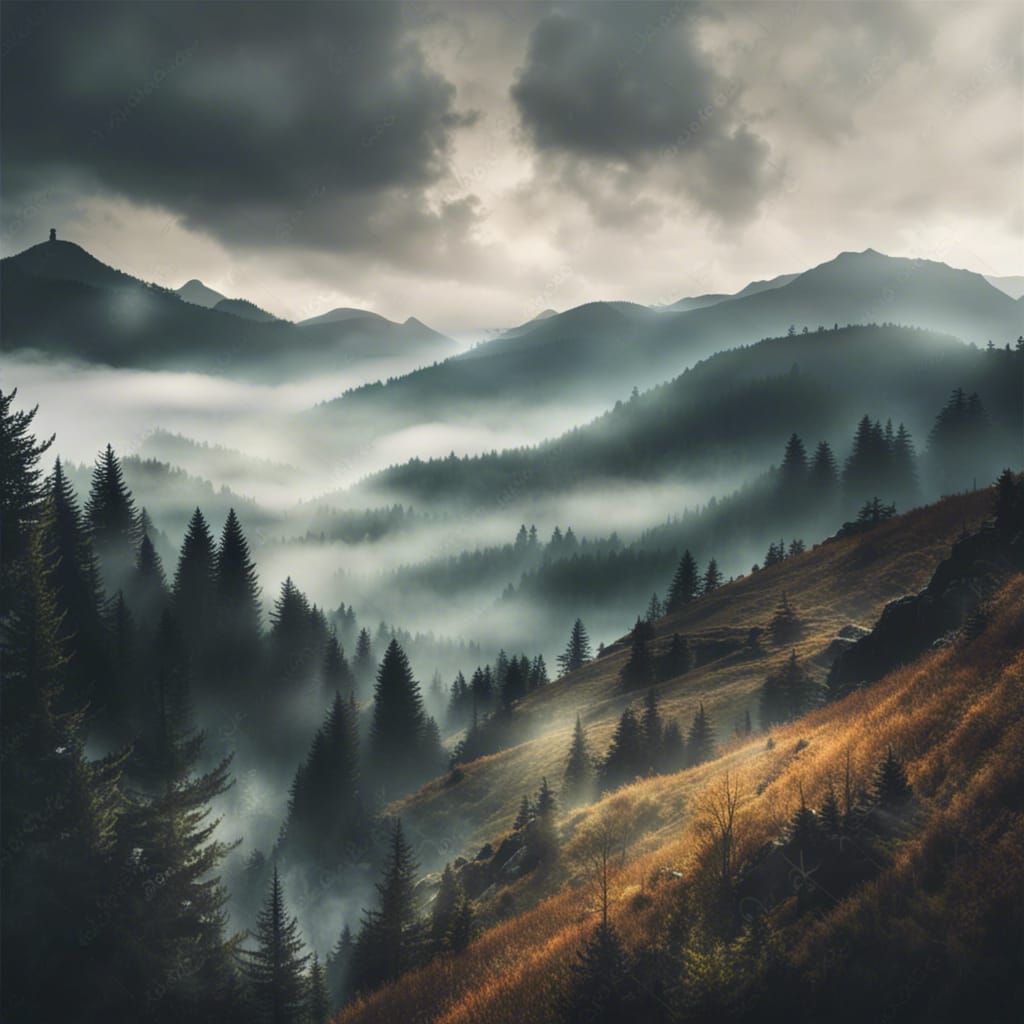 Misty Mountain Landscape: A Tranquil Vista