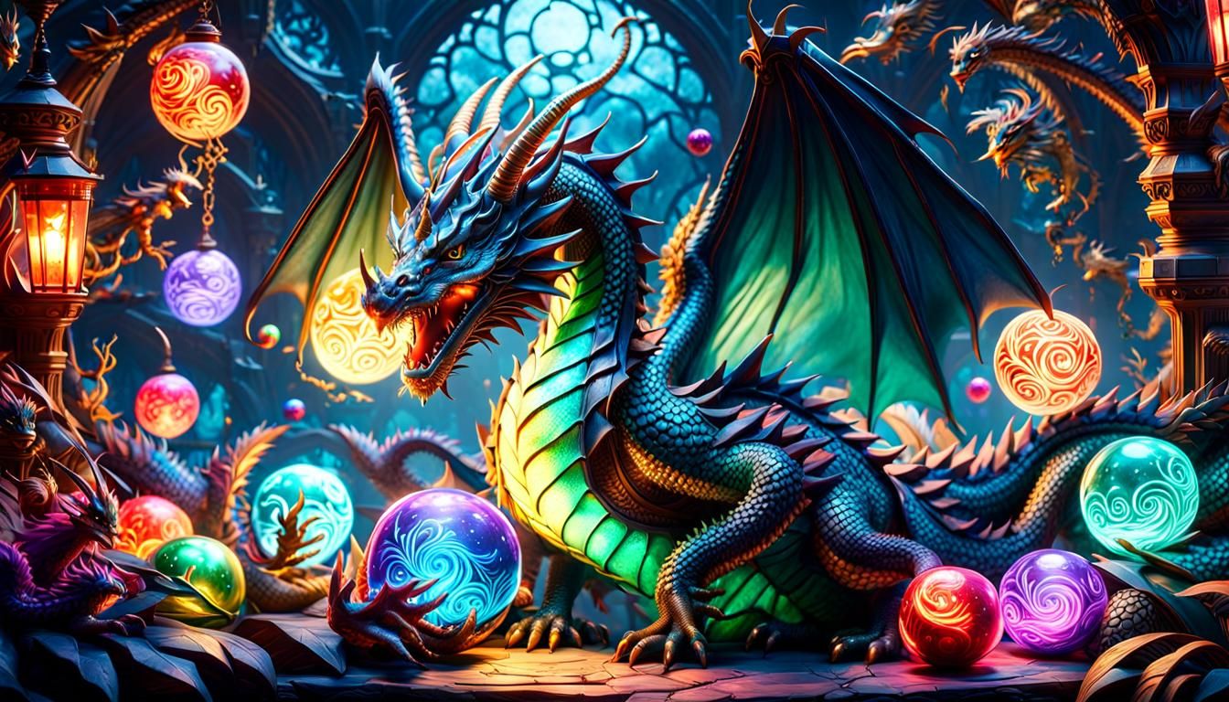 Dragon Plays with Glowing Orbs, Fantasy Art