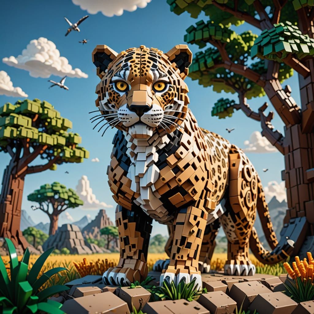 LEGO Leopard in African Savannah, Hyperrealistic Digital Art