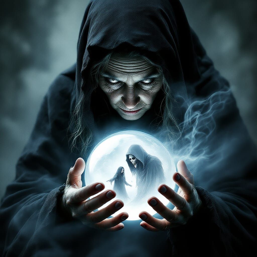 Ethereal Fortune Teller Gazing into Crystal Ball