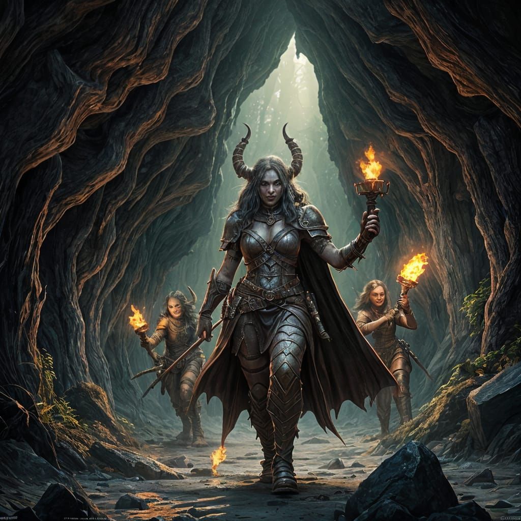 Orc Paladin Leads Explorers Through Dark Cavern