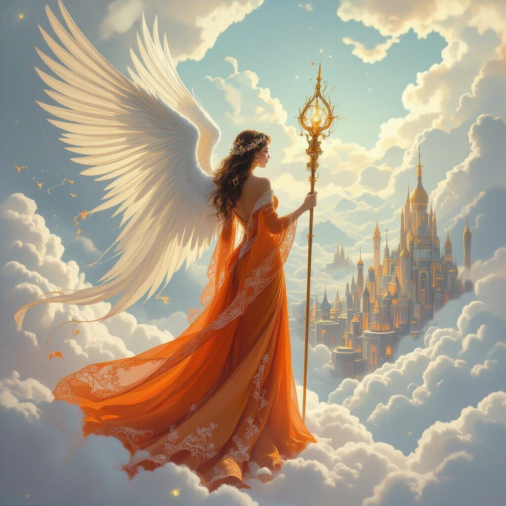 Woman in Orange Gown with Wings Over Dream City