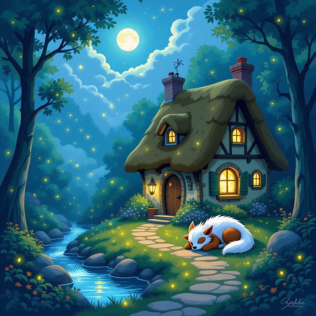 Enchanted Cottage with Griffin Cub, Digital Painting