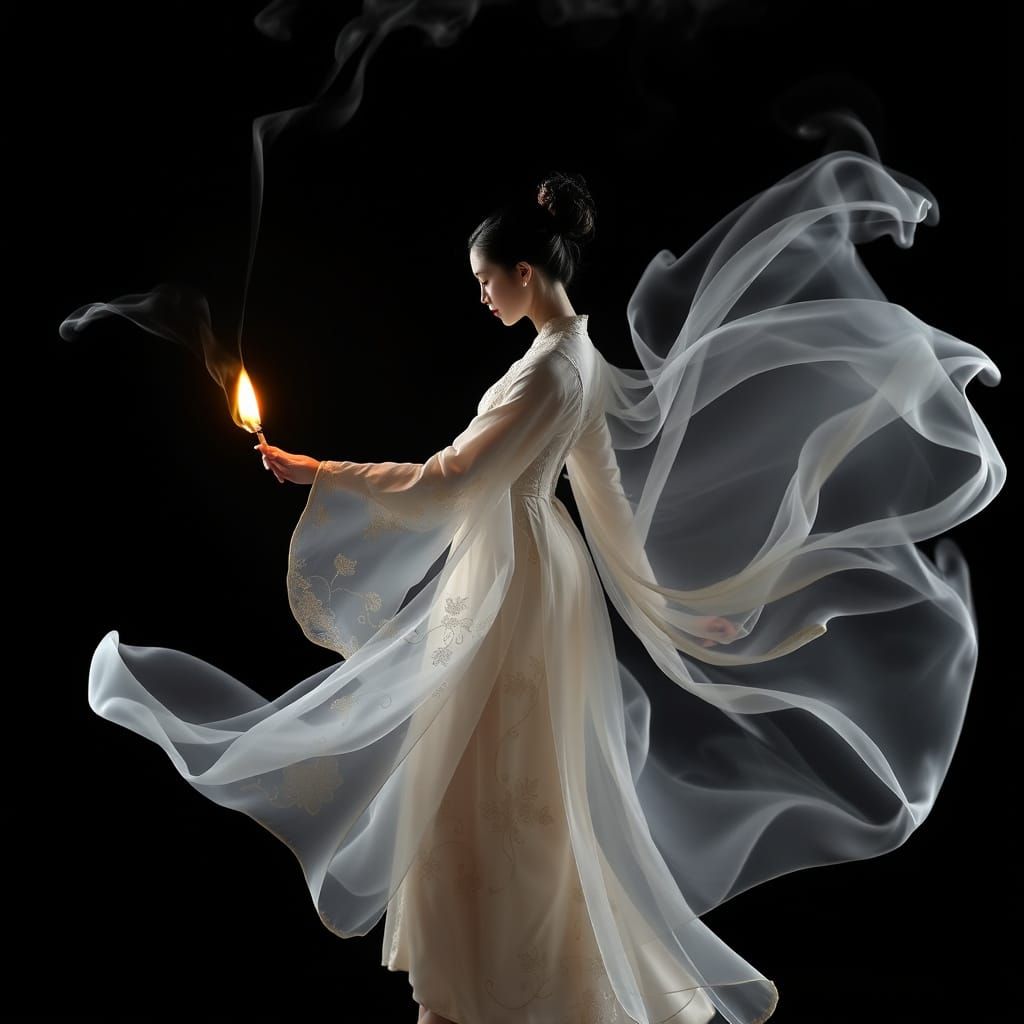 Ethereal Smoke Dancer in Hanfu, Dreamlike Illustration