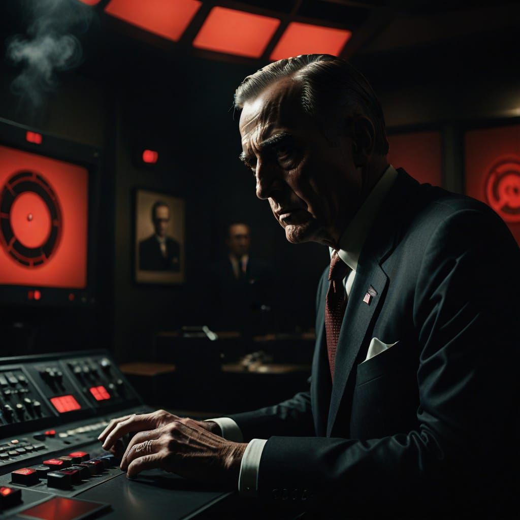Ominous Presidential Portrait in Film Noir Style