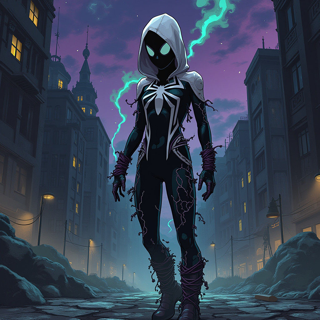 Spider-Gwen in Dark Studio Ghibli Anime Landscape
