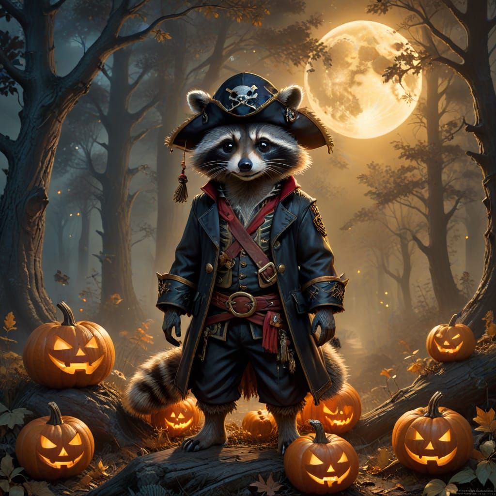 Raccoon Pirate in Moonlit Halloween Woods