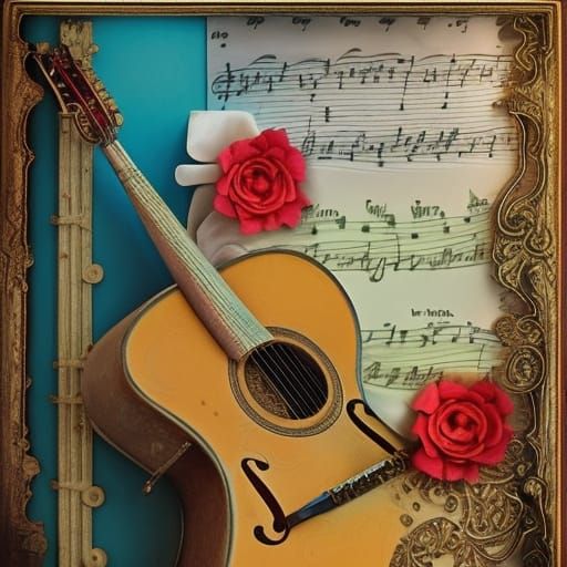 vintage image, rice paper decoupage, romantic music scene, musical instrument, rosses on sheet music wall, intricately d...